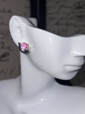 Vintage Signed "SHB" Pink Rhinestone Swirl Stud Earrings Silver Tone Coquette
